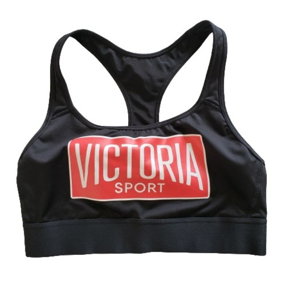 Victoria's Secret Sports Bra Small Racerback Black with Red Logo Across Chest
